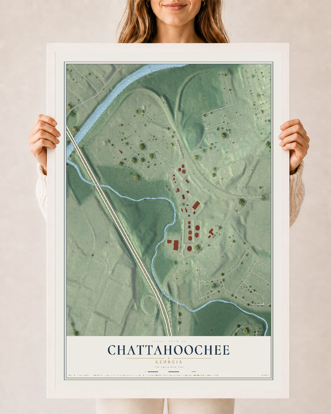 Chattahoochee, Georgia map print, 24" x 36" W/ White Ayous Wood Frame mockup