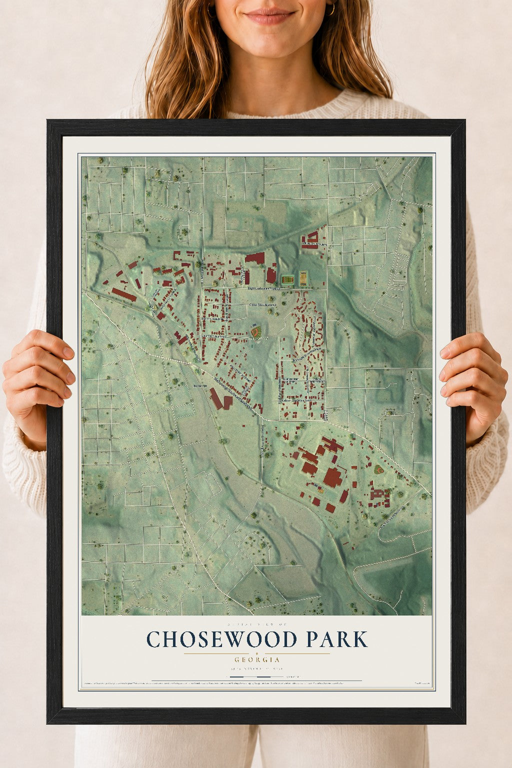 Chosewood Park, Georgia map print, 18" x 24" W/ Black Ayous Wood Frame mockup