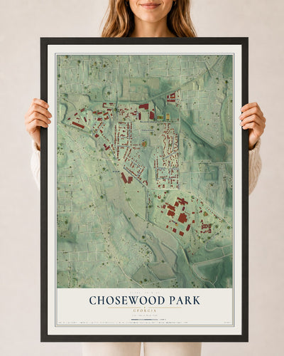 Chosewood Park, Georgia map print, 24" x 36" W/ Black Ayous Wood Frame mockup