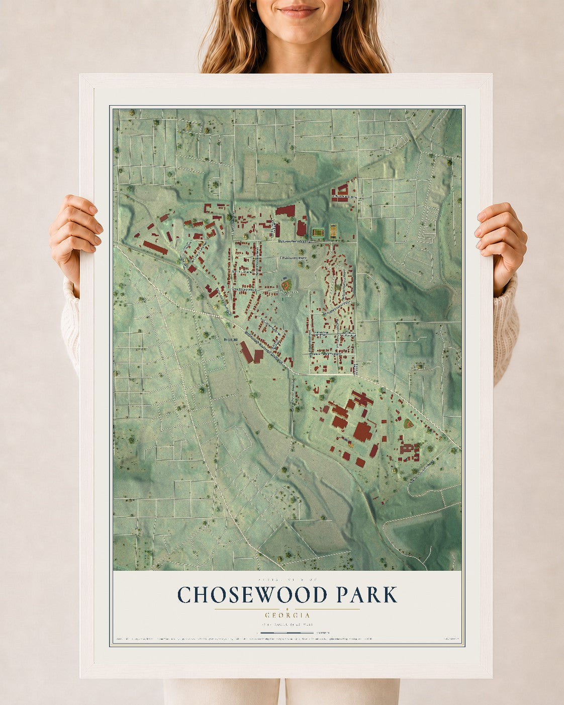 Chosewood Park, Georgia map print, 24" x 36" W/ White Ayous Wood Frame mockup