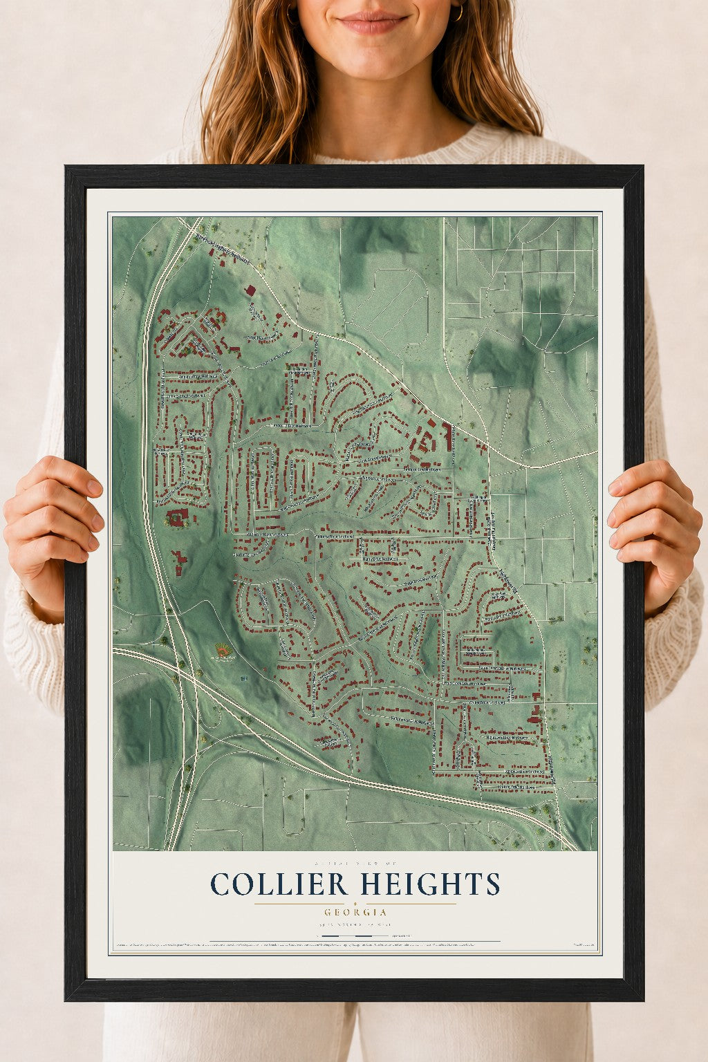 Collier Heights, Georgia map print, 18" x 24" W/ Black Ayous Wood Frame mockup