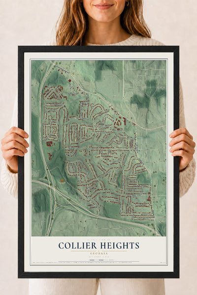 Collier Heights, Georgia map print, 18" x 24" W/ Black Ayous Wood Frame mockup