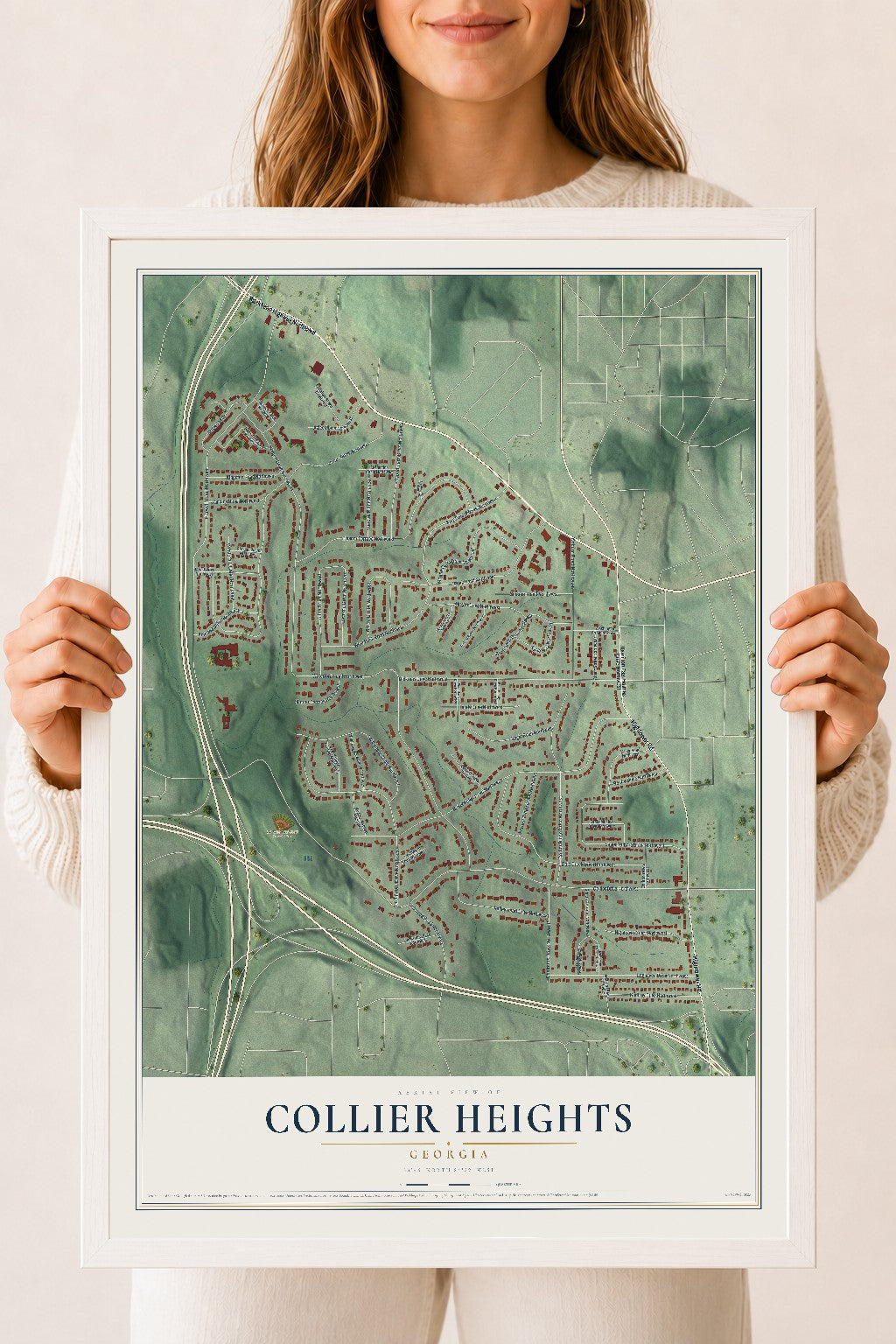 Collier Heights, Georgia map print, 18" x 24" W/ White Ayous Wood Frame mockup