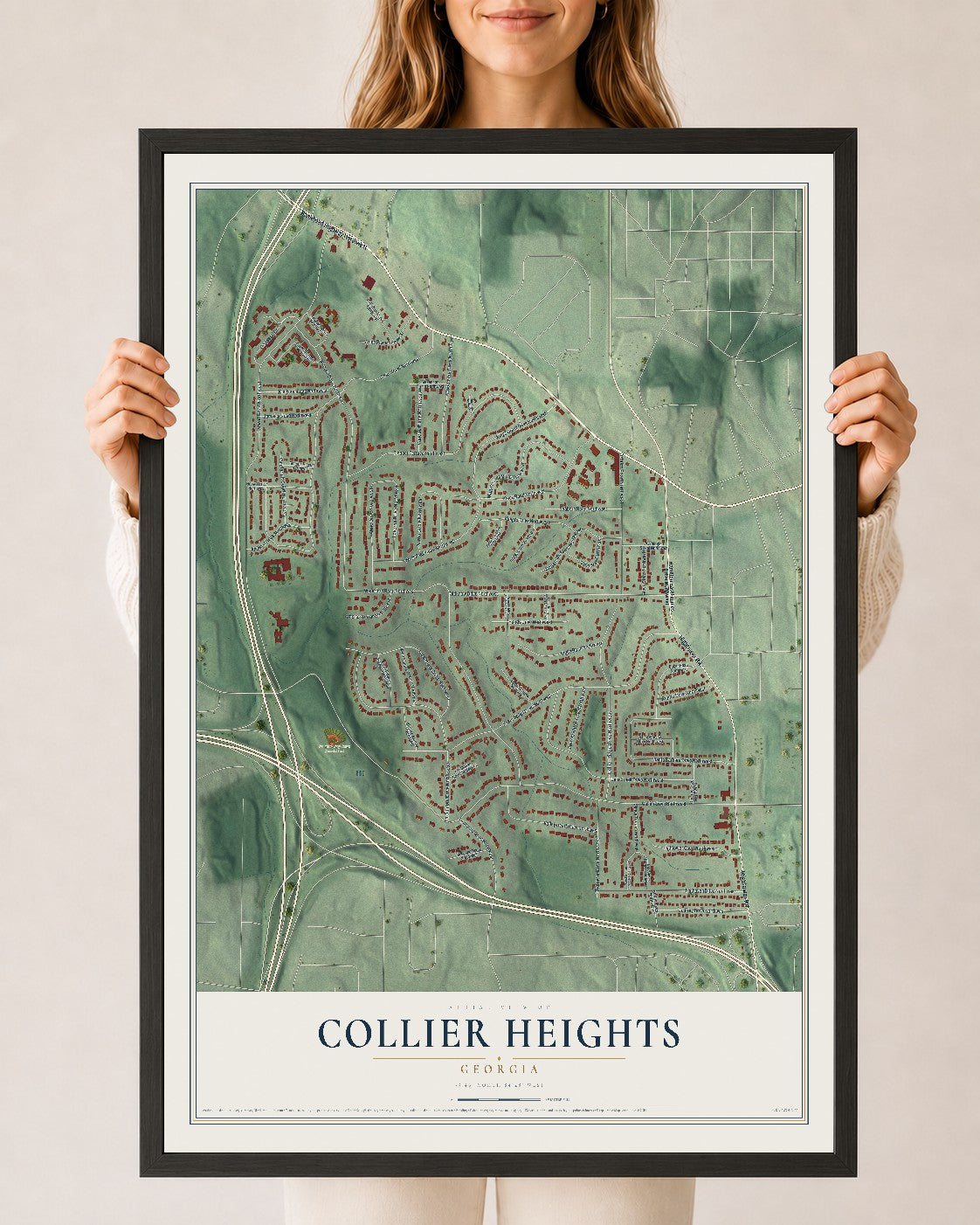 Collier Heights, Georgia map print, 24" x 36" W/ Black Ayous Wood Frame mockup