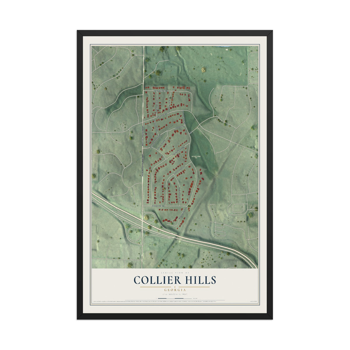 Collier Hills, Georgia map print, 12" x 18" W/ Black Ayous Wood Frame mockup