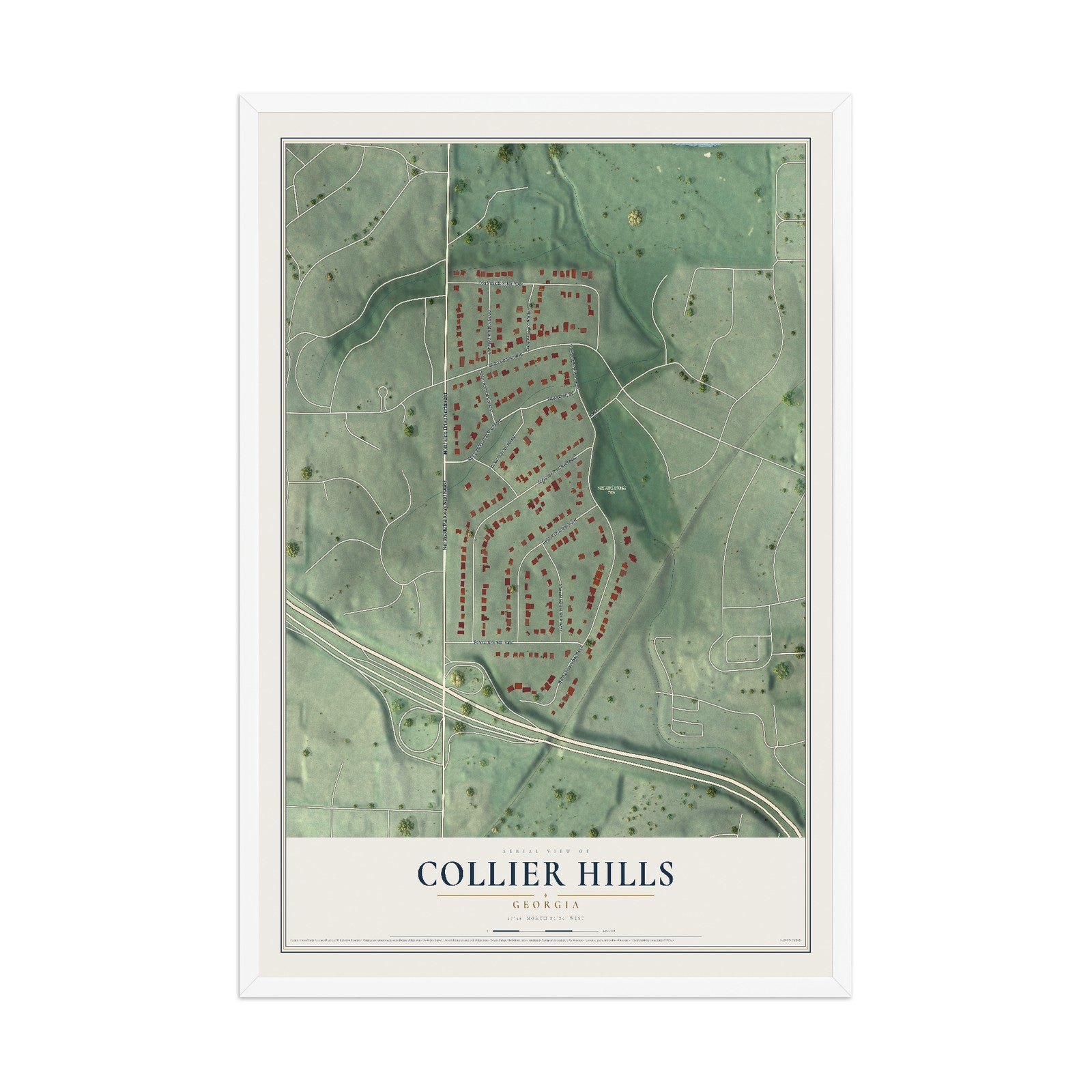 Collier Hills, Georgia map print, 12" x 18" W/ White Ayous Wood Frame mockup