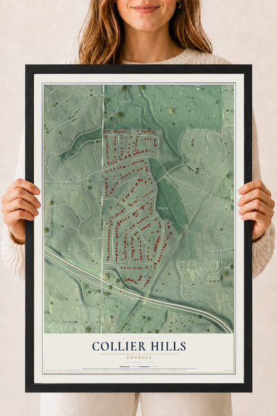Collier Hills, Georgia map print, 18" x 24" W/ Black Ayous Wood Frame mockup