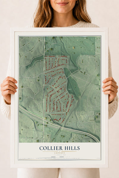 Collier Hills, Georgia map print, 18" x 24" W/ White Ayous Wood Frame mockup