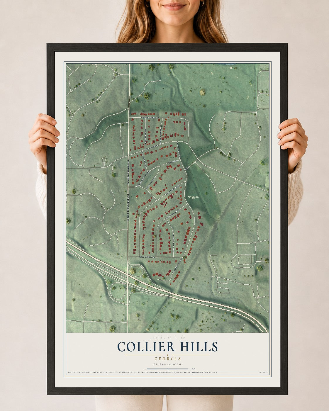 Collier Hills, Georgia map print, 24" x 36" W/ Black Ayous Wood Frame mockup