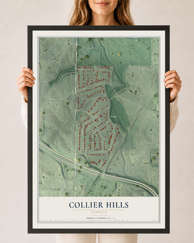 Collier Hills, Georgia map print, 24" x 36" W/ Black Ayous Wood Frame mockup