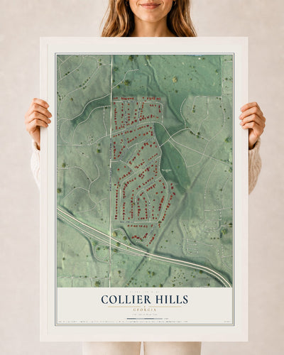 Collier Hills, Georgia map print, 24" x 36" W/ White Ayous Wood Frame mockup