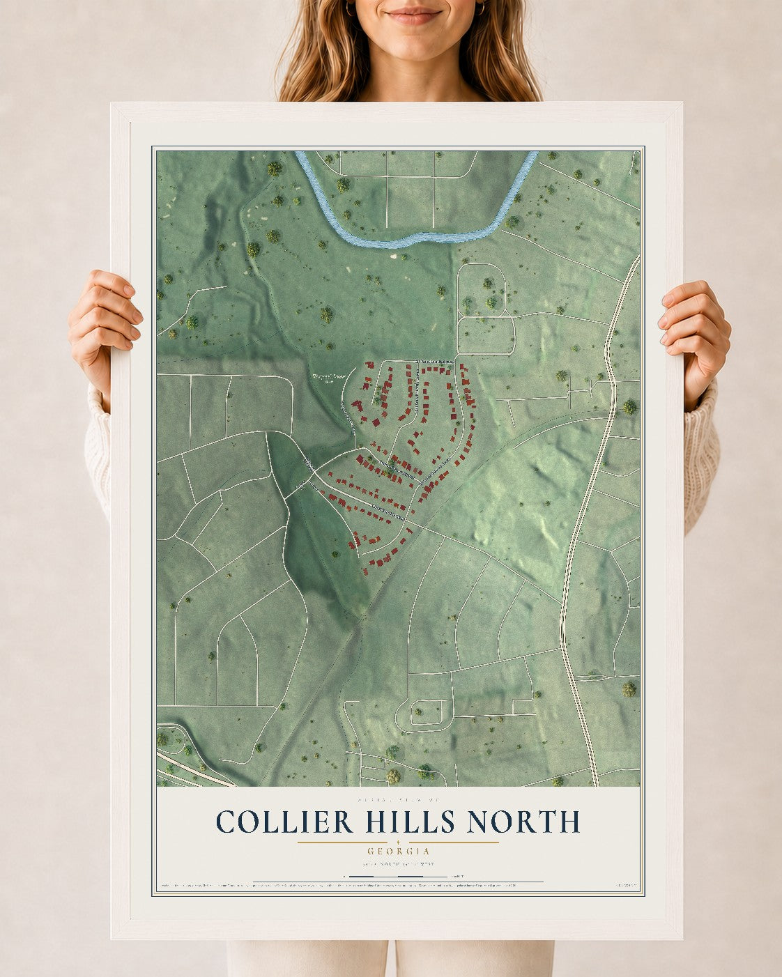 Collier Hills North, Georgia map print, 24" x 36" W/ White Ayous Wood Frame mockup
