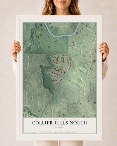 Collier Hills North, Georgia map print, 24" x 36" W/ White Ayous Wood Frame mockup