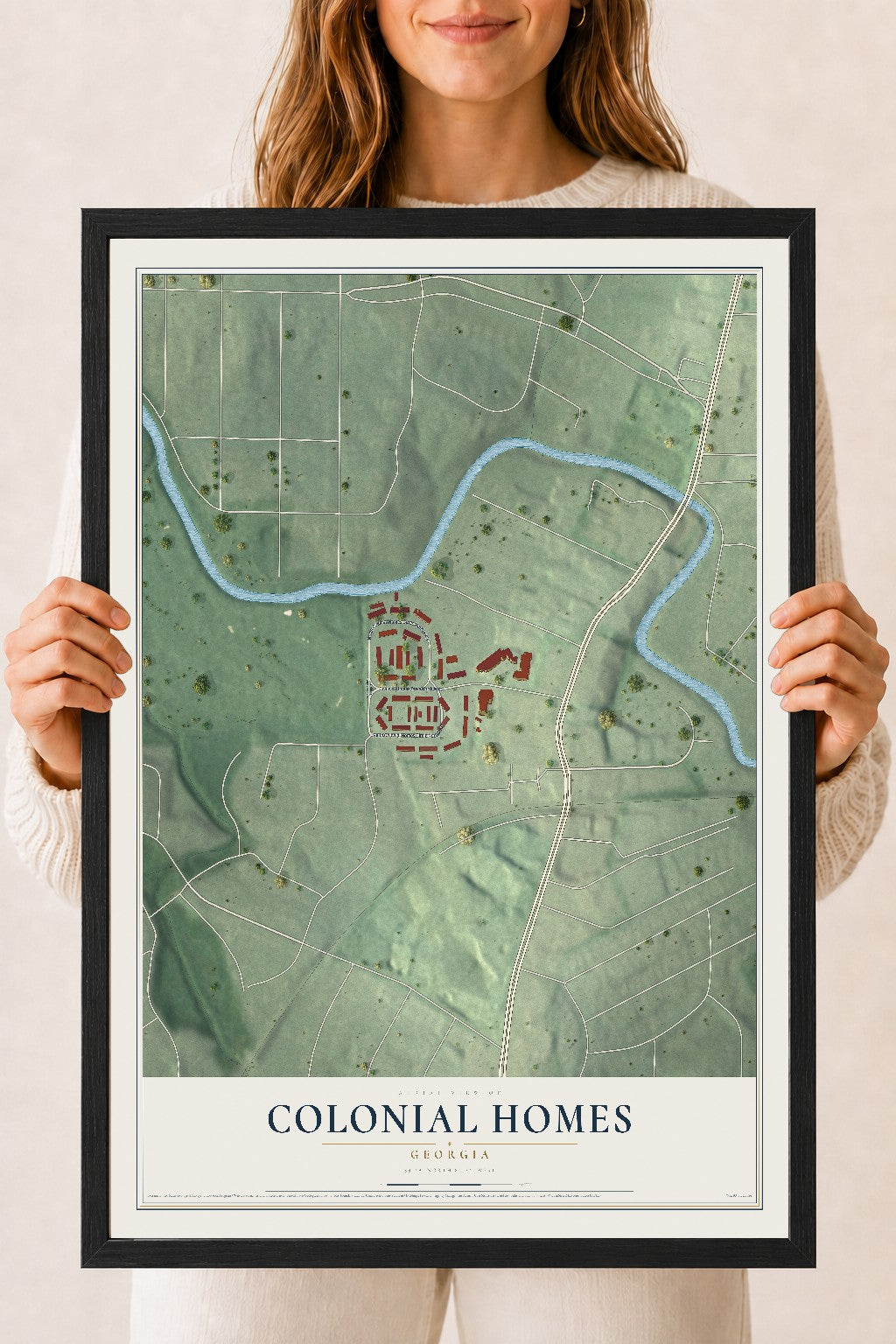 Colonial Homes, Georgia map print, 18" x 24" W/ Black Ayous Wood Frame mockup