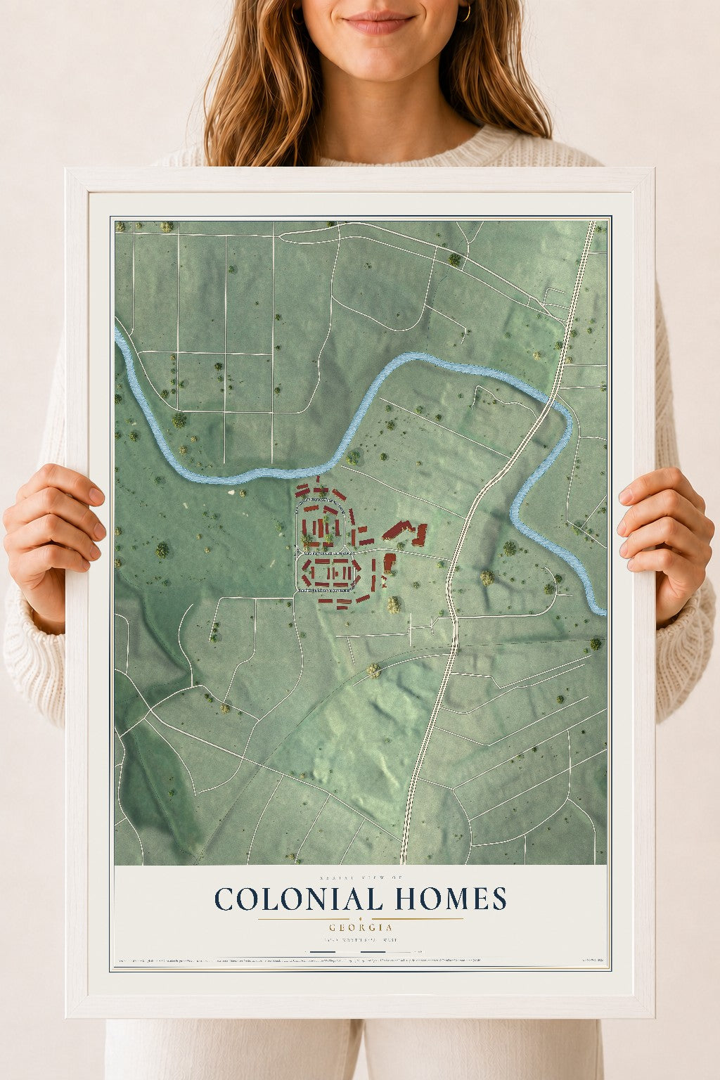 Colonial Homes, Georgia map print, 18" x 24" W/ White Ayous Wood Frame mockup