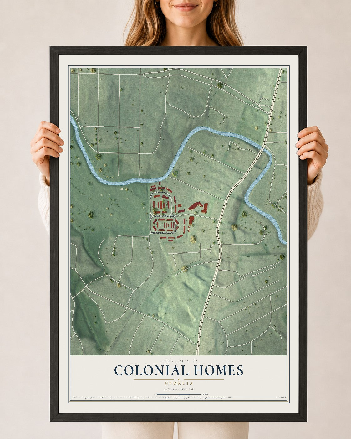 Colonial Homes, Georgia map print, 24" x 36" W/ Black Ayous Wood Frame mockup