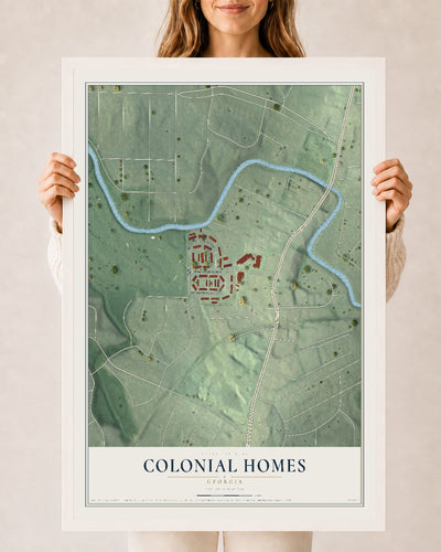 Colonial Homes, Georgia map print, 24" x 36" W/ White Ayous Wood Frame mockup