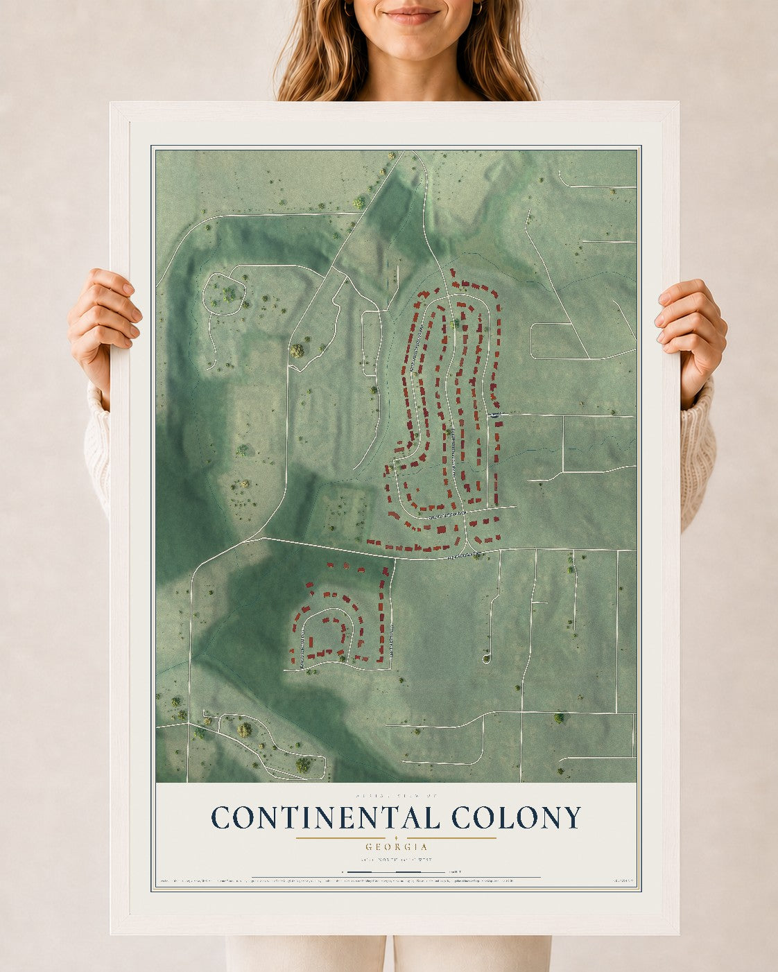 Continental Colony, Georgia map print, 24" x 36" W/ White Ayous Wood Frame mockup
