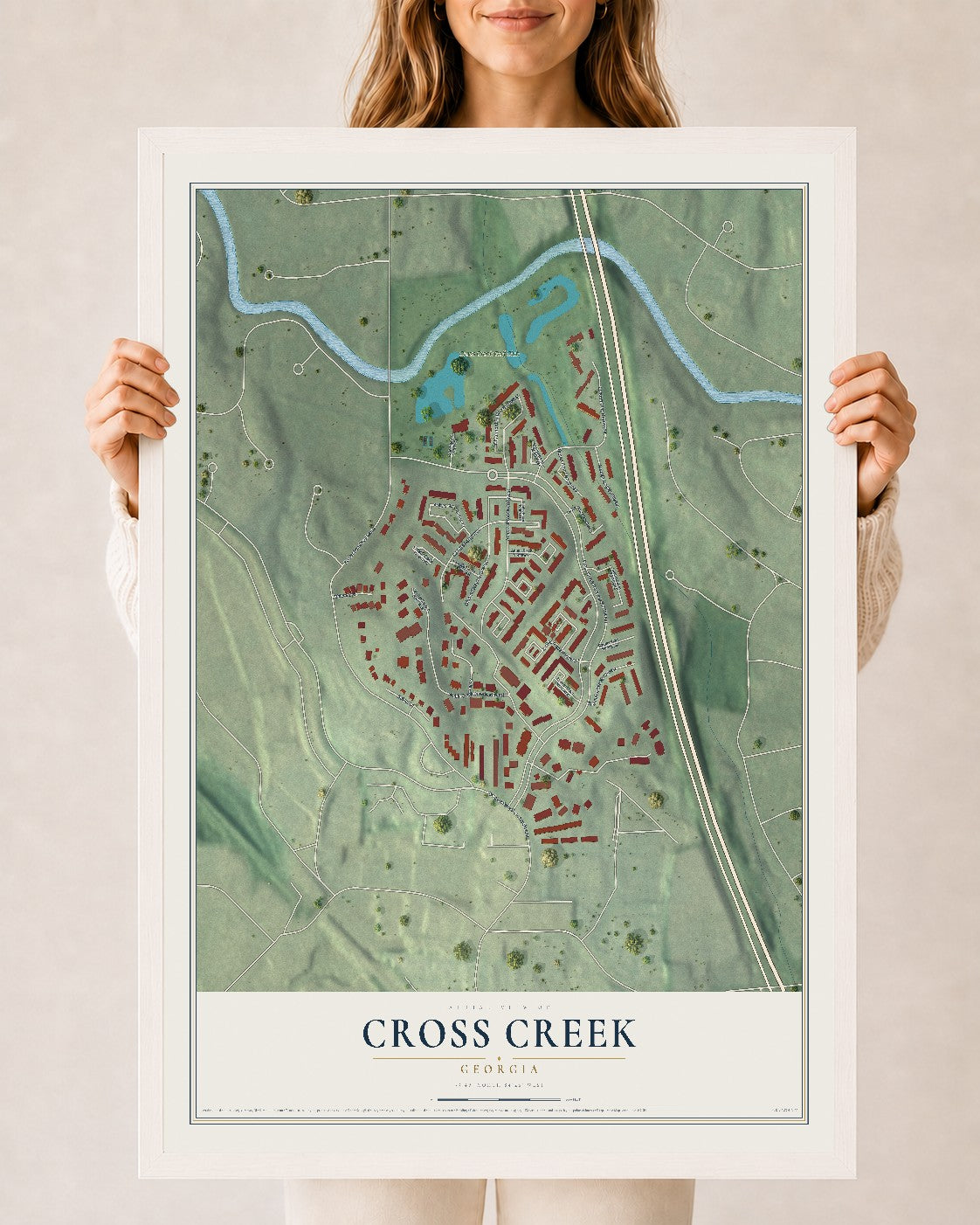 Cross Creek, Georgia map print, 24" x 36" W/ White Ayous Wood Frame mockup