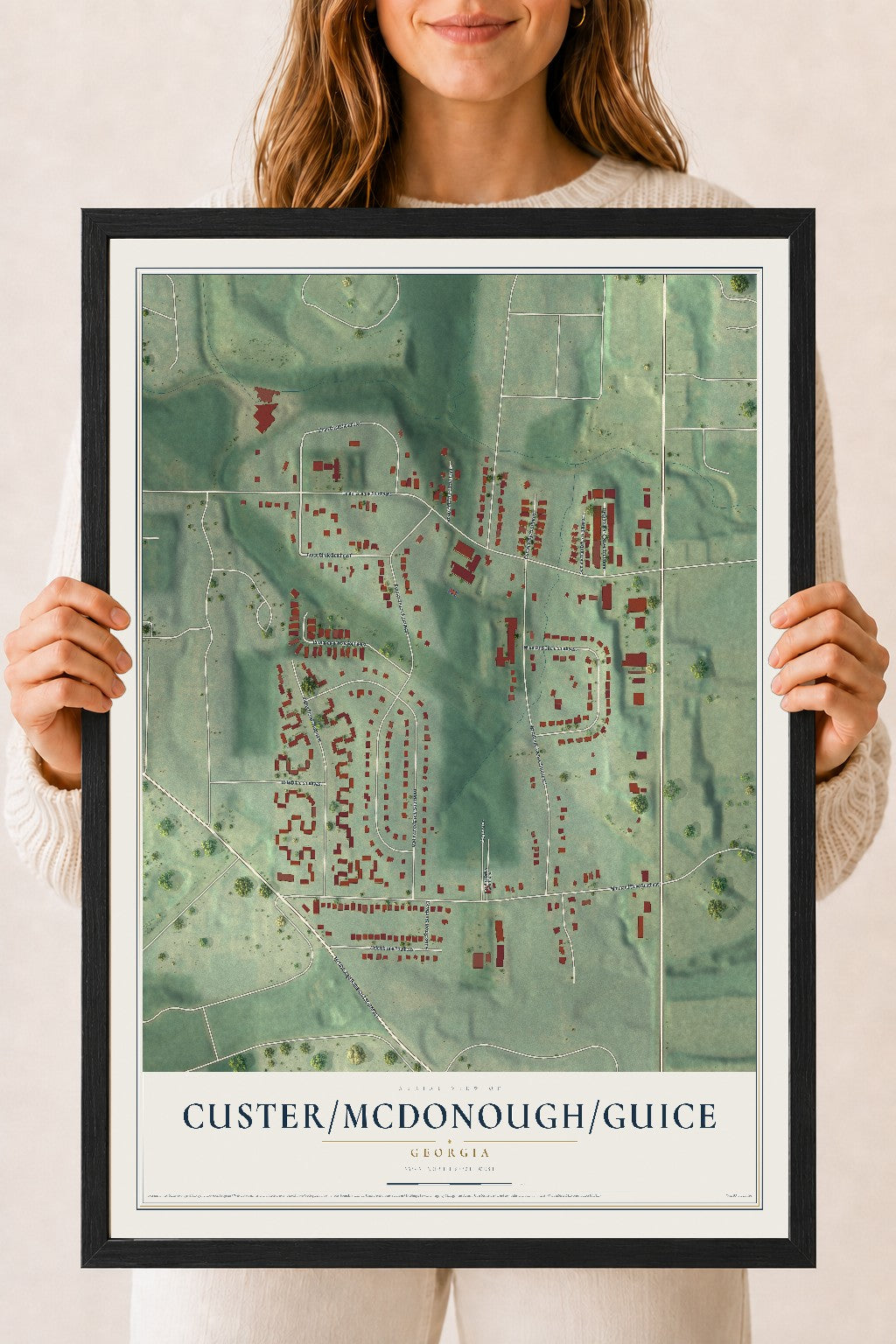 Custer-McDonough-Guice, Georgia map print, 18" x 24" W/ Black Ayous Wood Frame mockup