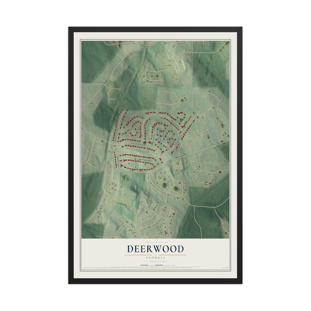Deerwood, Georgia map print, 12" x 18" W/ Black Ayous Wood Frame mockup