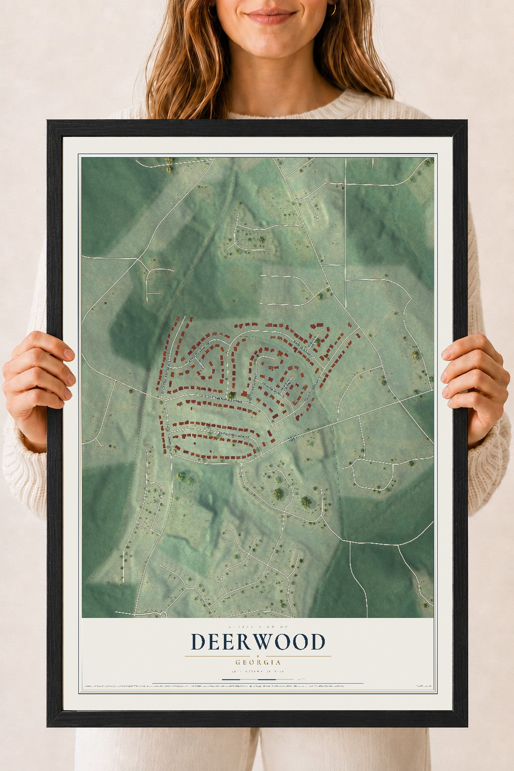 Deerwood, Georgia map print, 18" x 24" W/ Black Ayous Wood Frame mockup