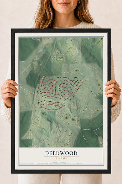 Deerwood, Georgia map print, 18" x 24" W/ Black Ayous Wood Frame mockup