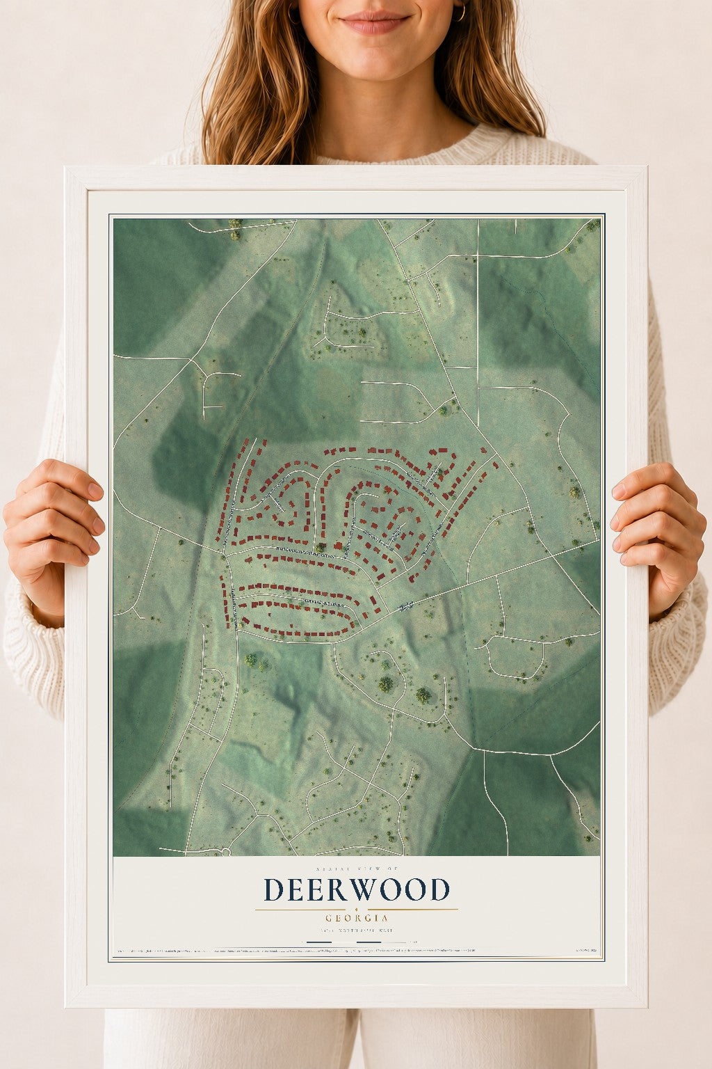 Deerwood, Georgia map print, 18" x 24" W/ White Ayous Wood Frame mockup