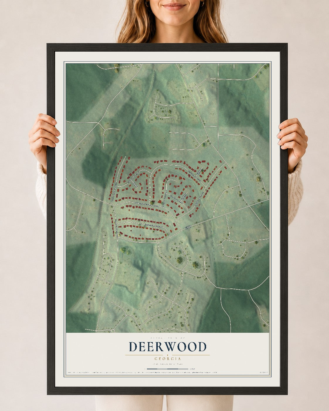 Deerwood, Georgia map print, 24" x 36" W/ Black Ayous Wood Frame mockup
