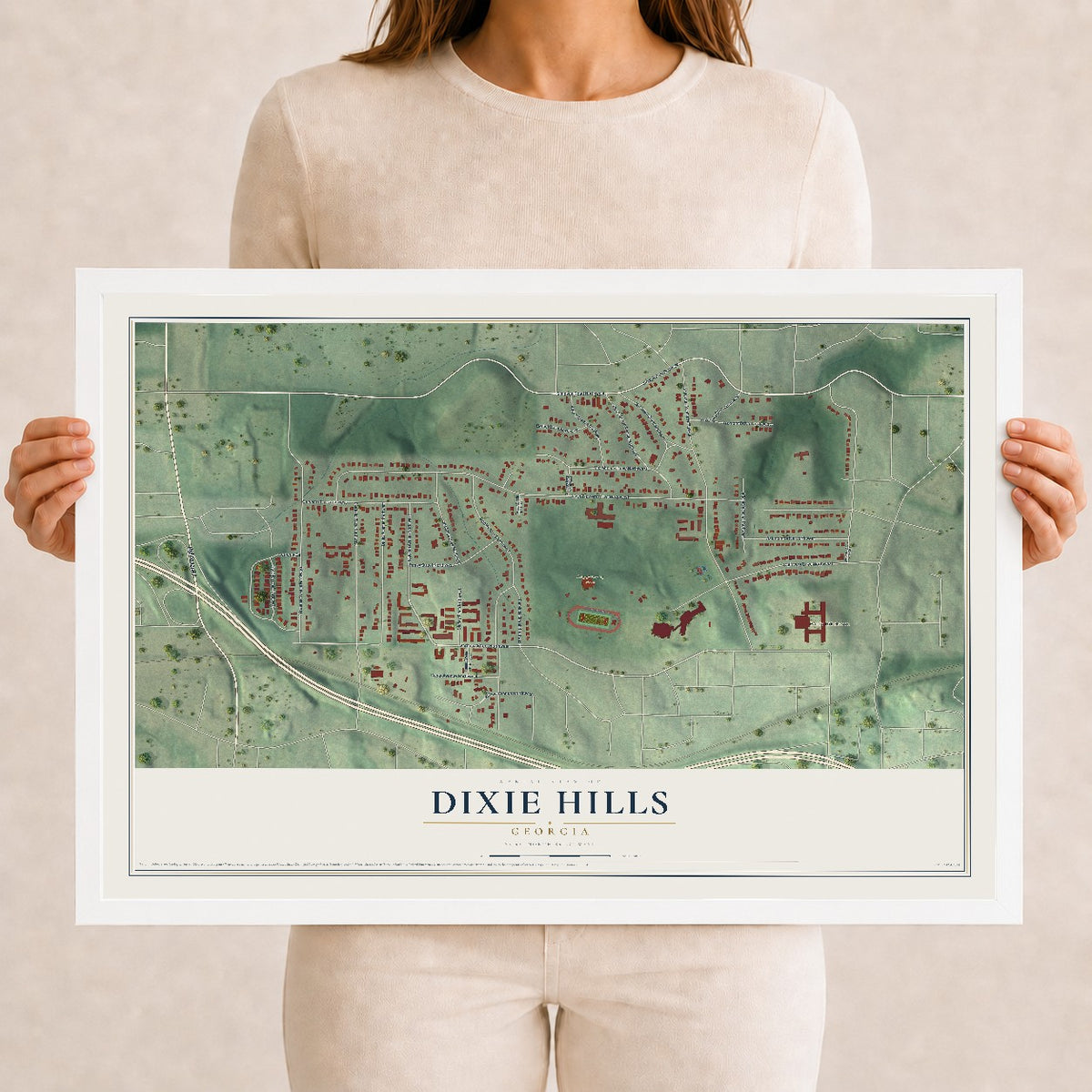 Dixie Hills, Georgia map print, 12" x 18" W/ White Ayous Wood Frame mockup