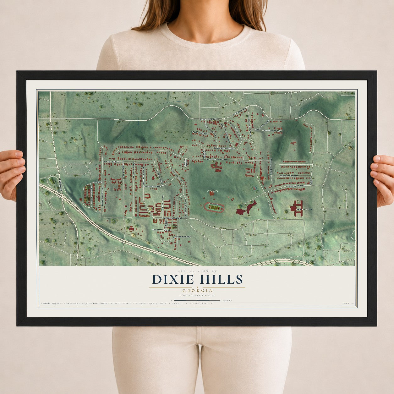 Dixie Hills, Georgia map print, 18" x 24" W/ Black Ayous Wood Frame mockup