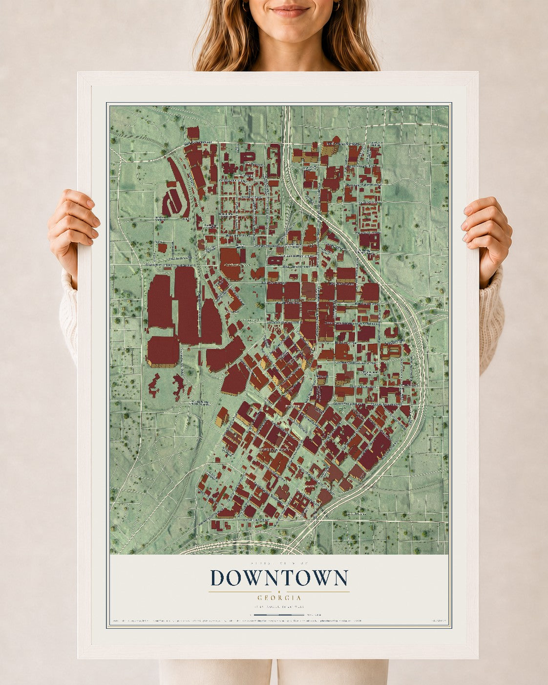 Downtown, Georgia map print, 24" x 36" W/ White Ayous Wood Frame mockup
