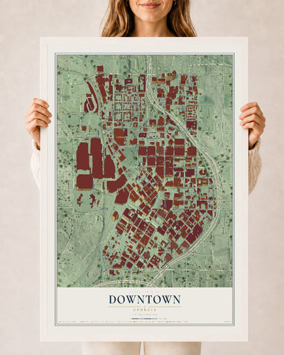 Downtown, Georgia map print, 24" x 36" W/ White Ayous Wood Frame mockup