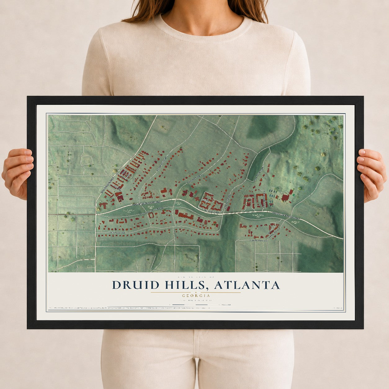 Druid Hills, Atlanta, Georgia map print, 12" x 18" W/ Black Ayous Wood Frame mockup