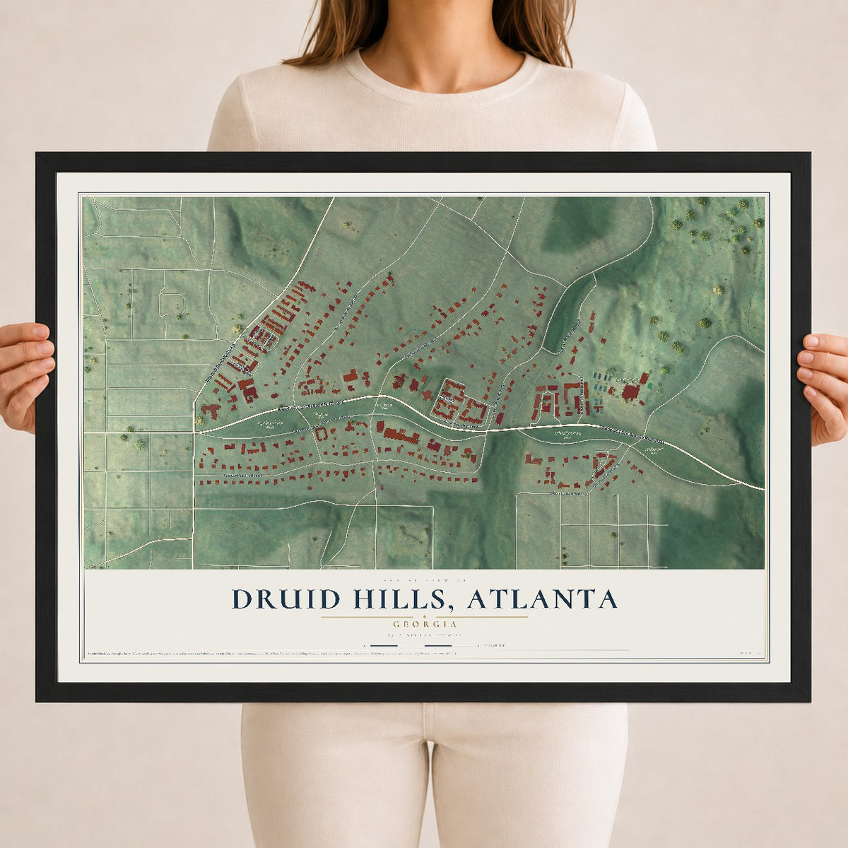 Druid Hills, Atlanta, Georgia map print, 18" x 24" W/ Black Ayous Wood Frame mockup
