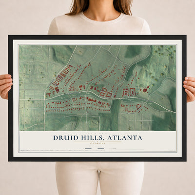 Druid Hills, Atlanta, Georgia map print, 18" x 24" W/ Black Ayous Wood Frame mockup