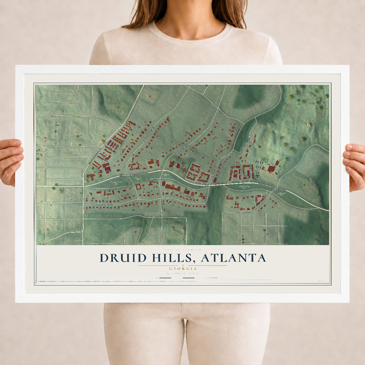 Druid Hills, Atlanta, Georgia map print, 18" x 24" W/ White Ayous Wood Frame mockup