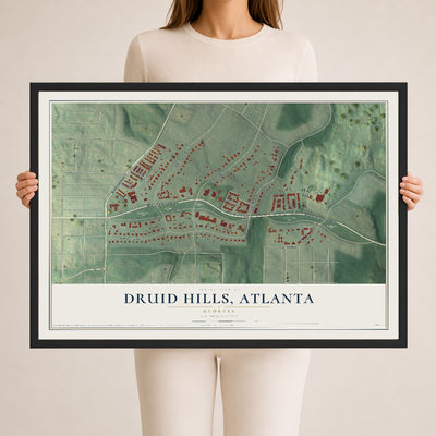Druid Hills, Atlanta, Georgia map print, 24" x 36" W/ Black Ayous Wood Frame mockup