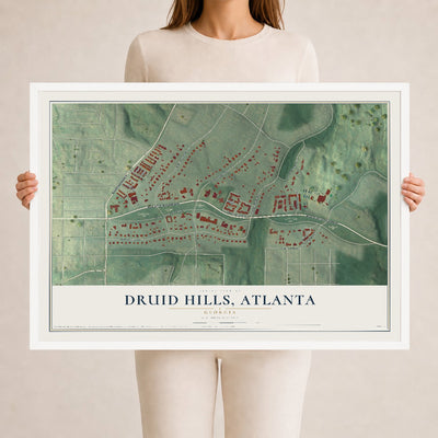 Druid Hills, Atlanta, Georgia map print, 24" x 36" W/ White Ayous Wood Frame mockup