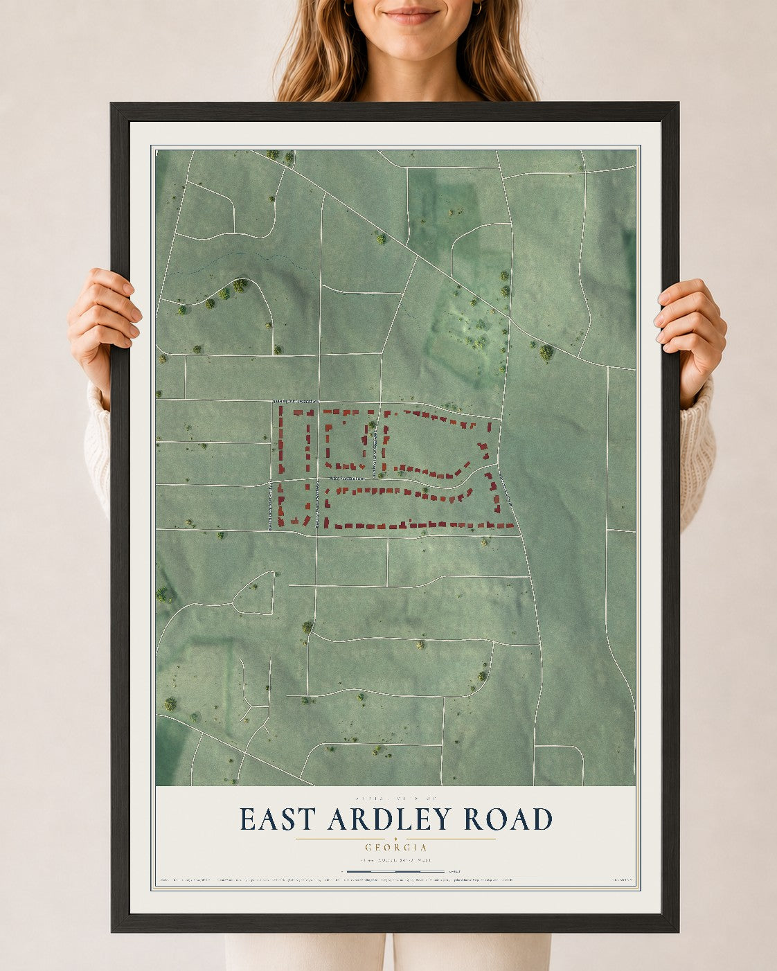East Ardley Road, Georgia map print, 24" x 36" W/ Black Ayous Wood Frame mockup