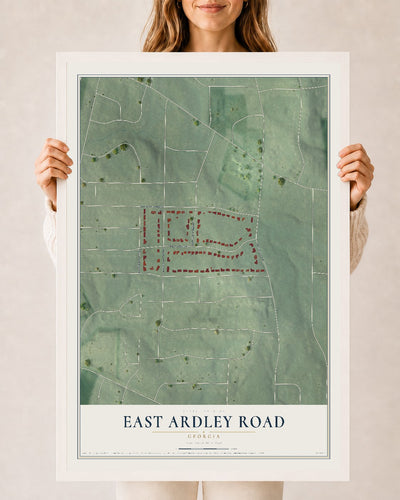 East Ardley Road, Georgia map print, 24" x 36" W/ White Ayous Wood Frame mockup