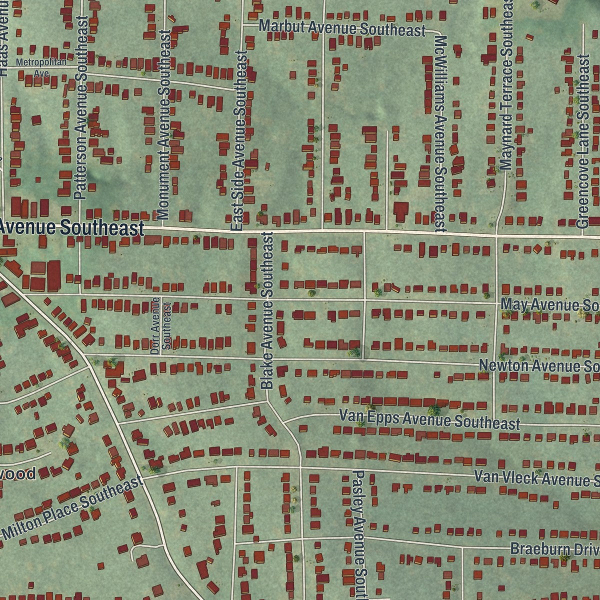 Close-up 1 of the East Atlanta, Georgia map artwork