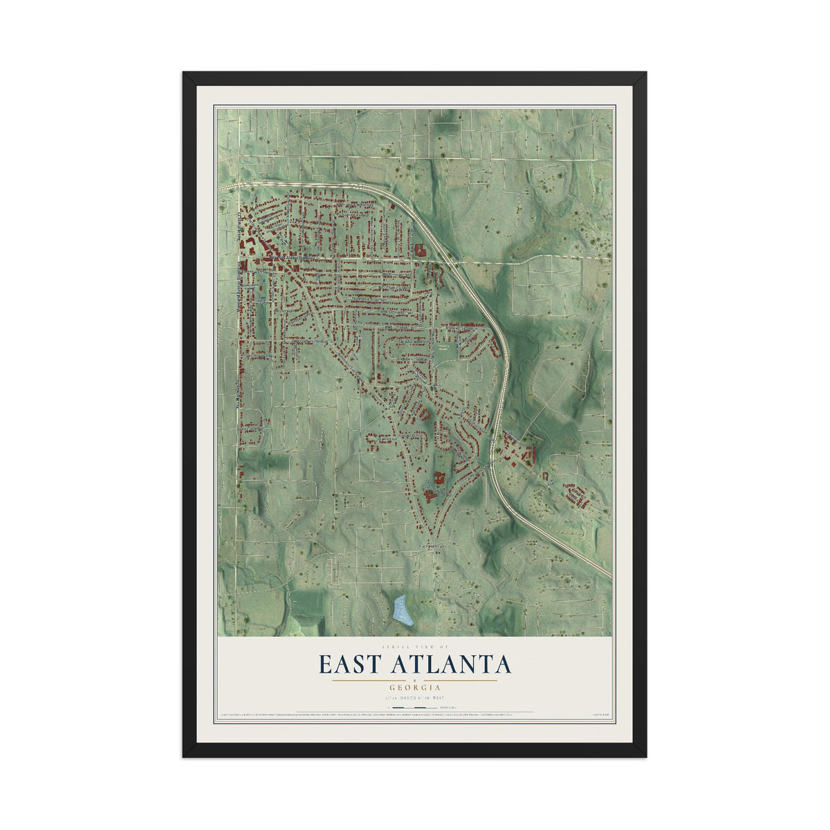 East Atlanta, Georgia map print, 12" x 18" W/ Black Ayous Wood Frame mockup