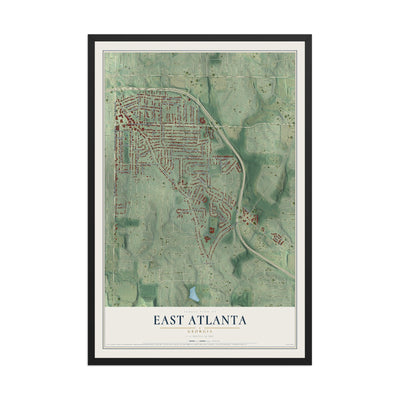 East Atlanta, Georgia map print, 12" x 18" W/ Black Ayous Wood Frame mockup