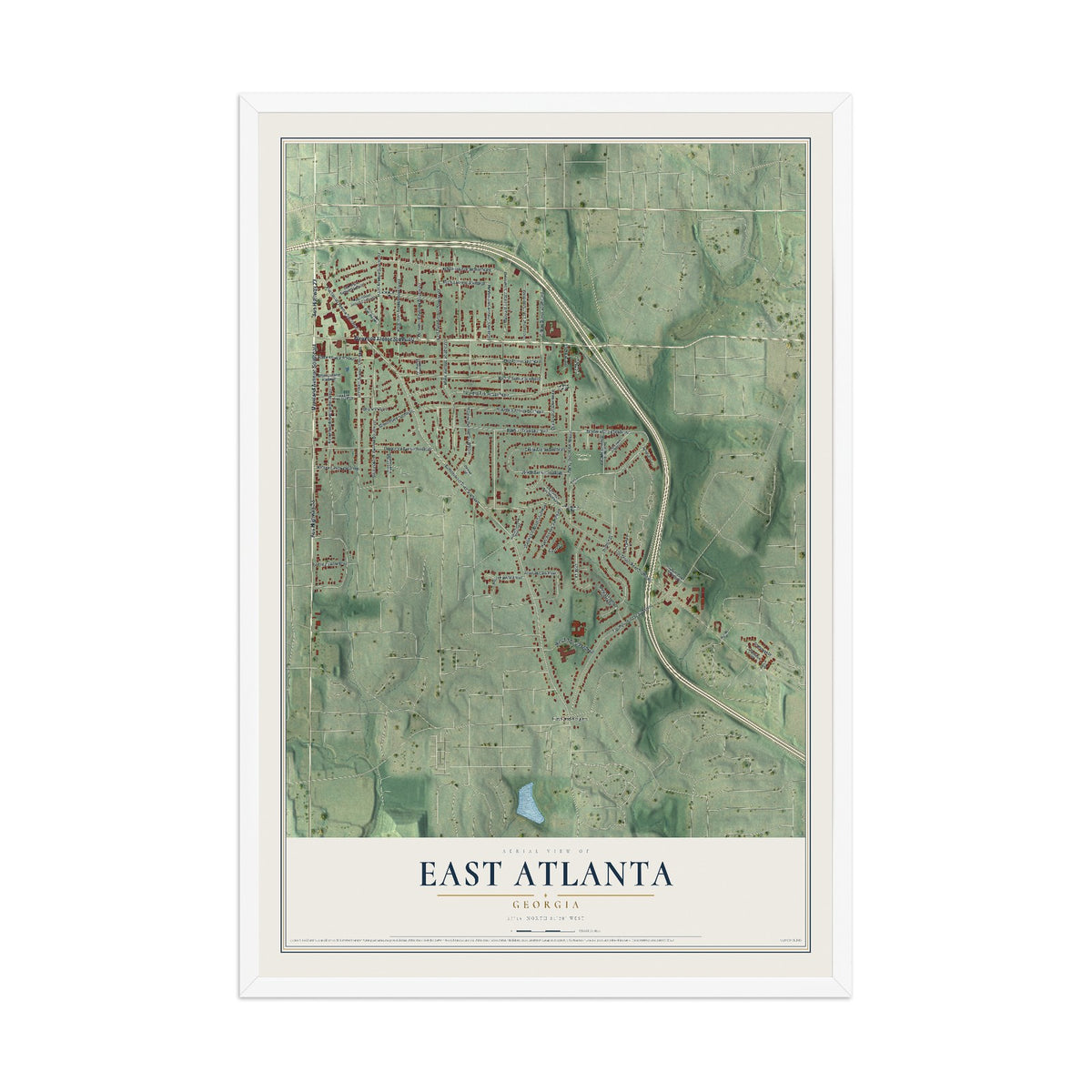 East Atlanta, Georgia map print, 12" x 18" W/ White Ayous Wood Frame mockup