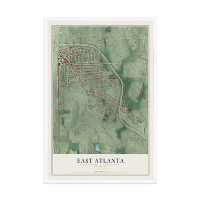 East Atlanta, Georgia map print, 12" x 18" W/ White Ayous Wood Frame mockup