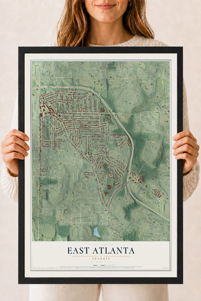East Atlanta, Georgia map print, 18" x 24" W/ Black Ayous Wood Frame mockup