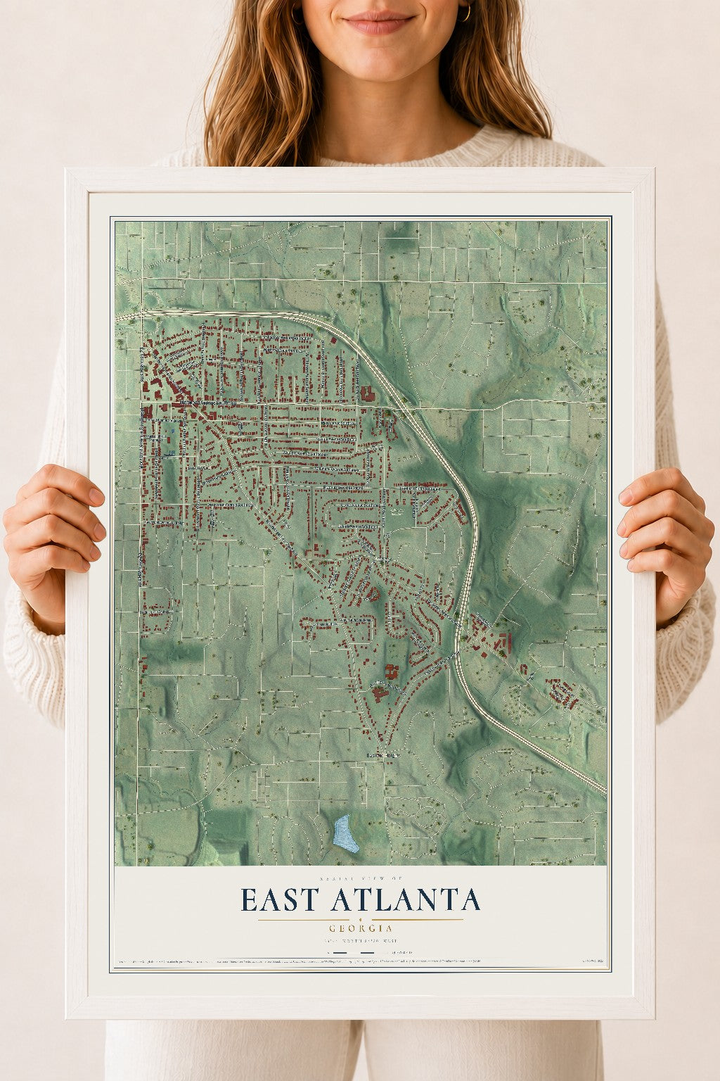 East Atlanta, Georgia map print, 18" x 24" W/ White Ayous Wood Frame mockup