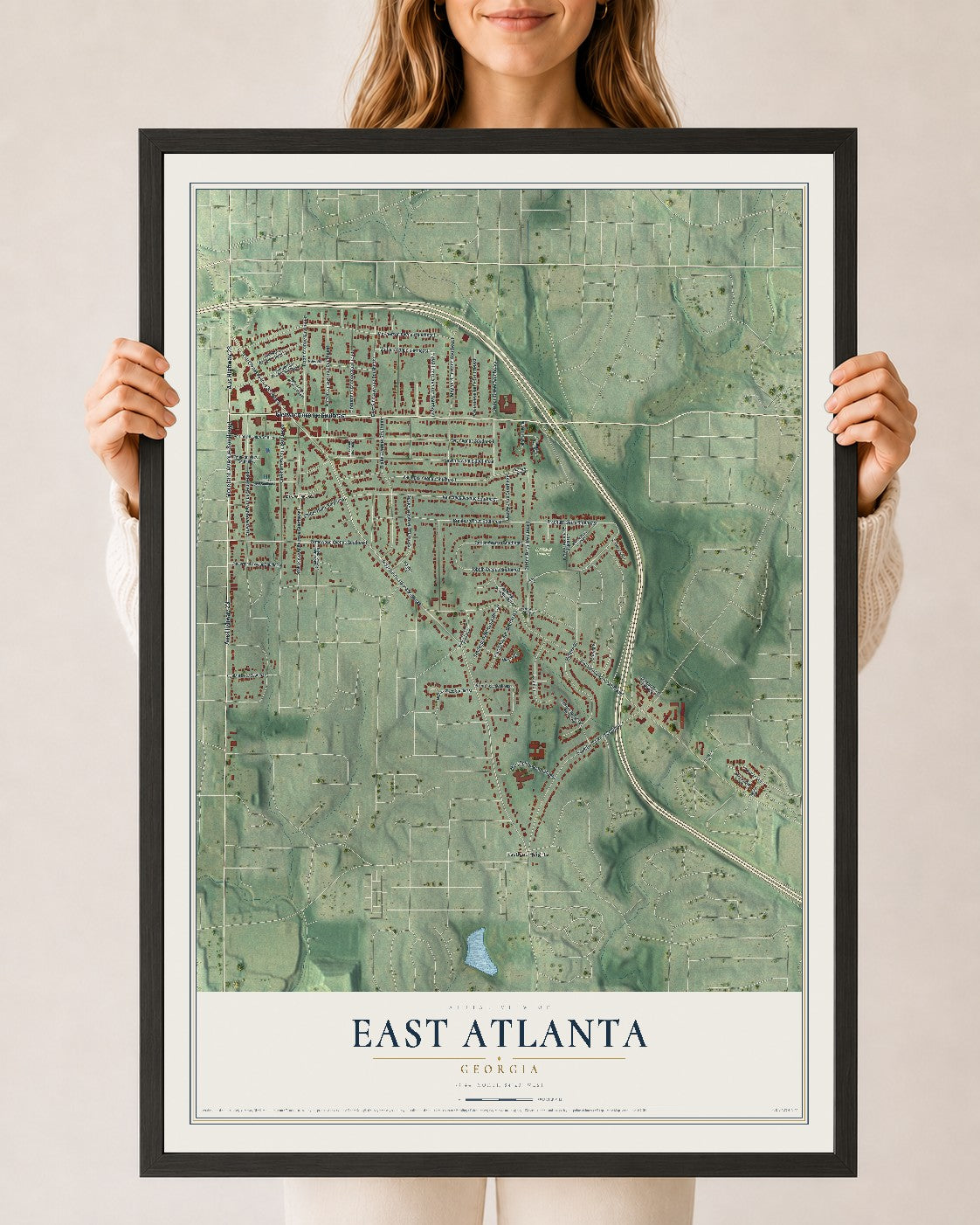 East Atlanta, Georgia map print, 24" x 36" W/ Black Ayous Wood Frame mockup