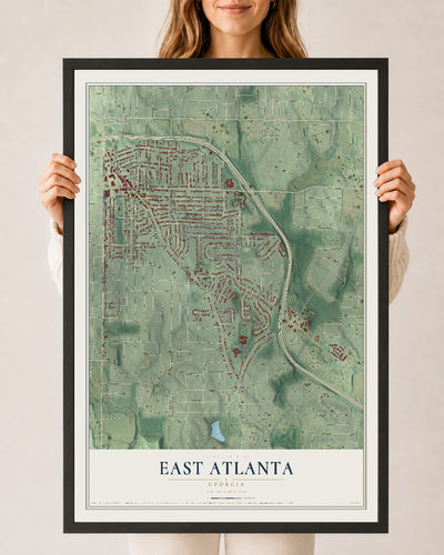 East Atlanta, Georgia map print, 24" x 36" W/ Black Ayous Wood Frame mockup